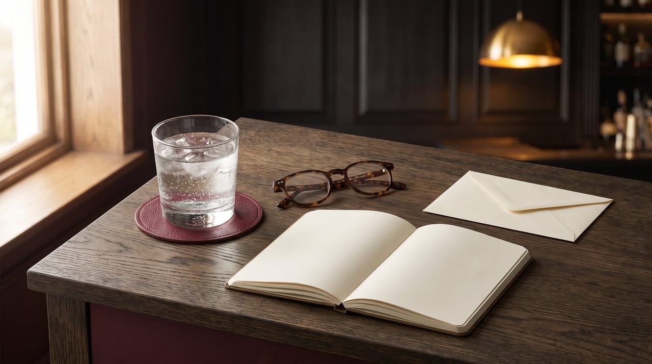 Tavolo in legno con un bicchiere d’acqua frizzante, un paio di occhiali, un quaderno aperto e una busta