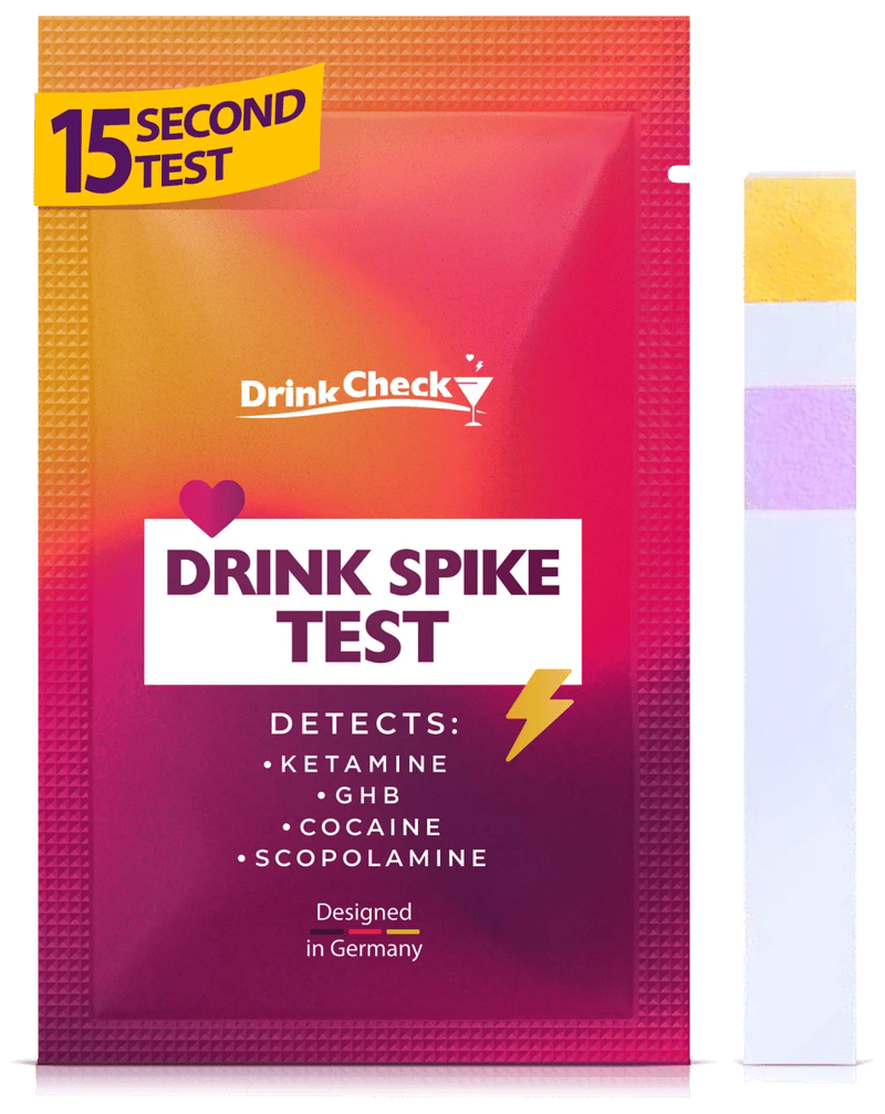 Test DrinkCheck con bustina in inglese e striscia reattiva
