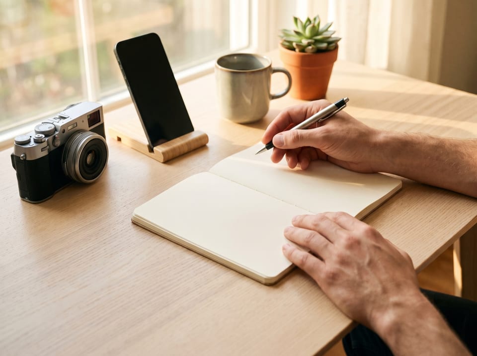 Mani con una penna sopra un quaderno vuoto, accanto a una fotocamera e uno smartphone su un tavolo di legno