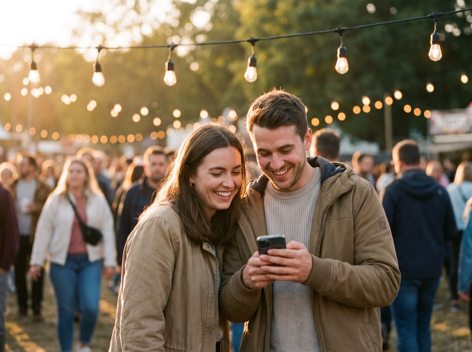 Due adulti guardano uno smartphone sotto una fila di luci durante un evento all’aperto